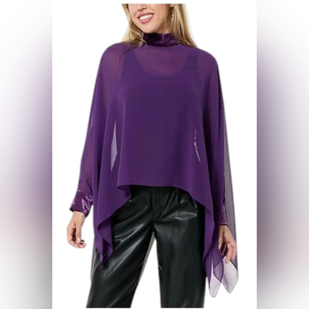 G by Giuliana Black Label Black Sheer Chiffon Velvet Trim Poncho Blouse XS/S NEW